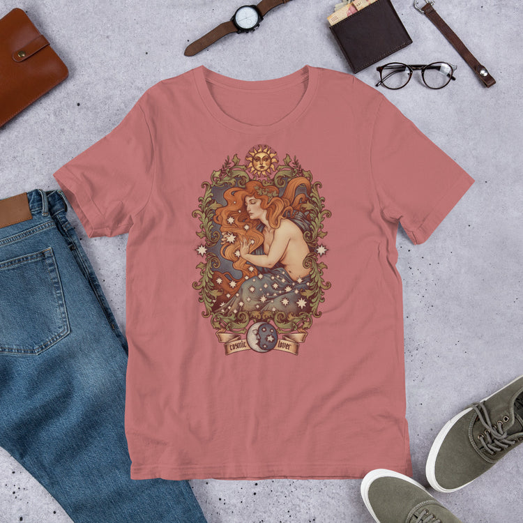 t-shirt cosmic lover stars sun moon filigree green and blue red hair scene ideal moon witchcraft witch clothes art nouveau medusa dollmaker light cotton unisex