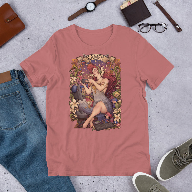 t-shirt gamer red hair nintendo flowers girl videogames art nouveau medusa dollmaker light cotton unisex