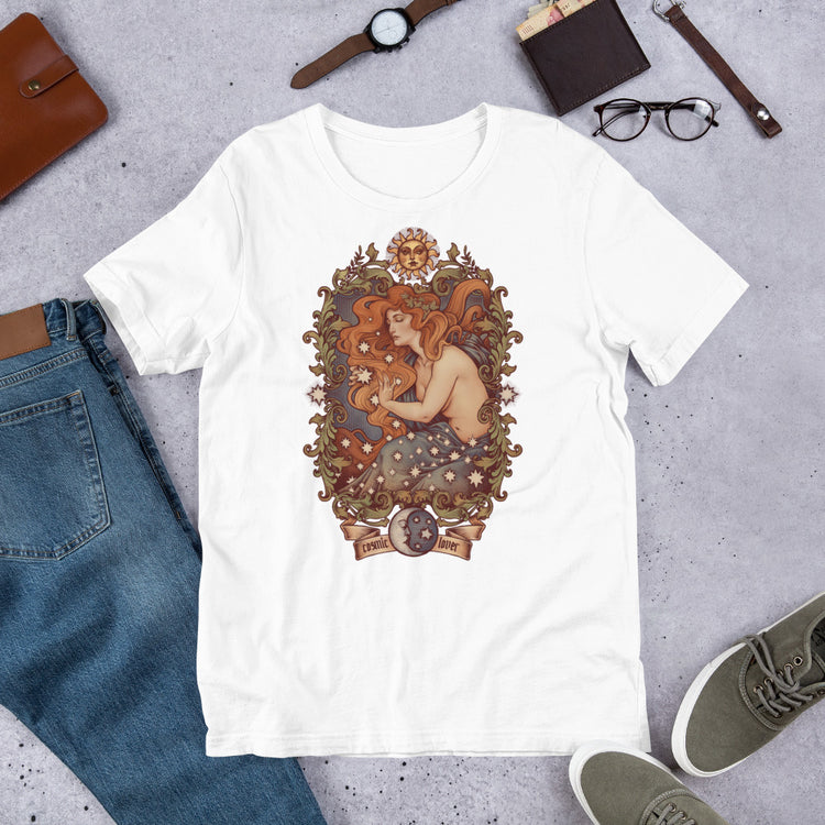 t-shirt cosmic lover stars sun moon filigree green and blue red hair scene ideal moon witchcraft witch clothes art nouveau medusa dollmaker light cotton unisex