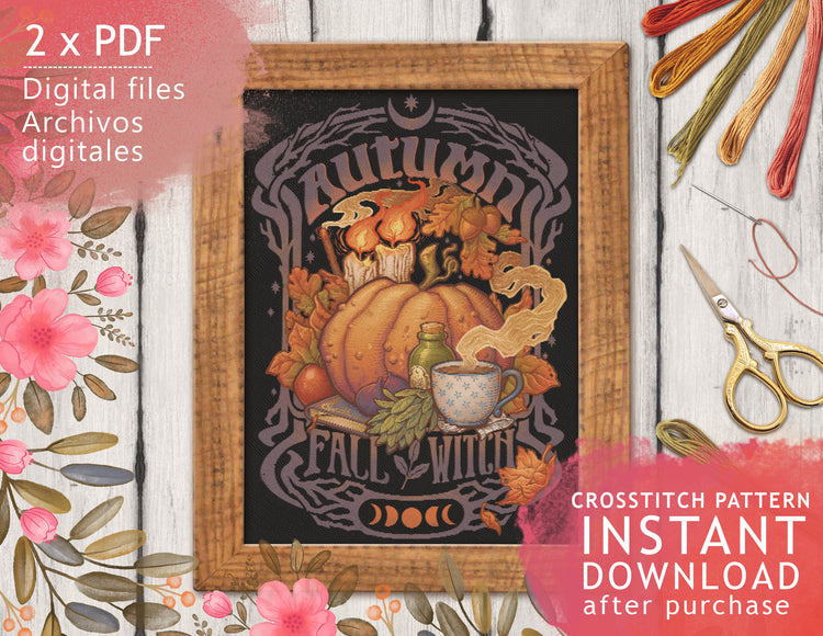 AUTUMN - CROSS STITCH COZY PUMPKIN STILL LIFE - DIGITAL PRINTABLE PATTERN - Art Nouveau - by MEDUSA DOLLMAKER