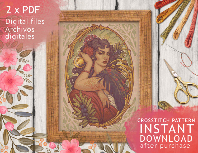 CROSS STITCH CHART - DIGITAL PRINTABLE PATTERN - ANDALUCIA ALEGORIA NOUVEAU - by MEDUSA DOLLMAKER