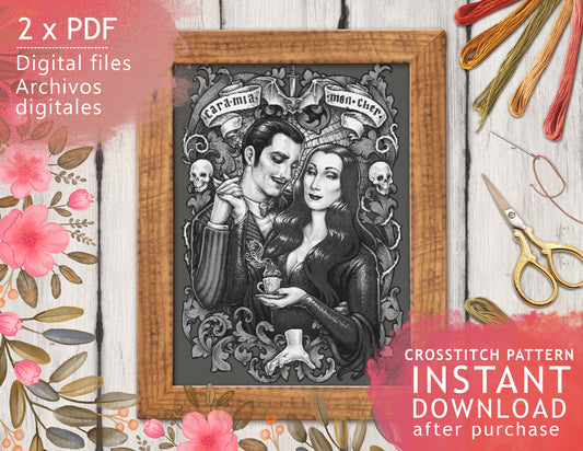 CROSS STITCH CHART - DIGITAL PRINTABLE PATTERN - MORTICIA GOMEZ NOUVEAU - ADDAMS CARA MIA MON CHER by MEDUSA DOLLMAKER