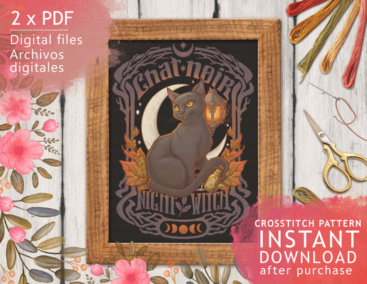 CHAT NOIR - BLACK CAT - DIGITAL PRINTABLE PATTERN - Autumn Art Nouveau - by MEDUSA DOLLMAKER
