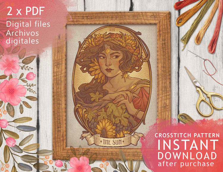 CROSS STITCH CHART - DIGITAL PRINTABLE PATTERN - THE SUN - TAROT NOUVEAU - by MEDUSA DOLLMAKER