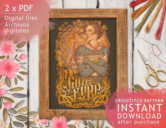 JANE EYRE - CROSS STITCH BOOK LOVERS - DIGITAL PRINTABLE PATTERN - Art Nouveau - by MEDUSA DOLLMAKER