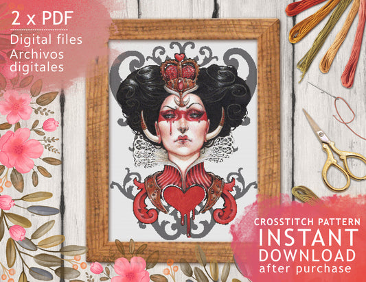 CROSS STITCH CHART - DIGITAL PRINTABLE PATTERN - Red Queen of Hearts - Wonderland by MEDUSA DOLLMAKER