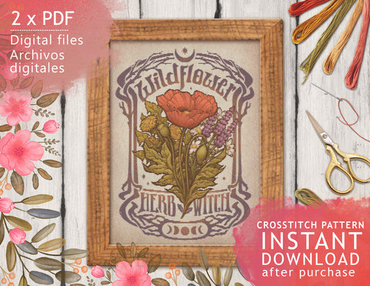 CROSS STITCH CHART - DIGITAL PRINTABLE PATTERN - WILDFLOWER Art Nouveau - by MEDUSA DOLLMAKER