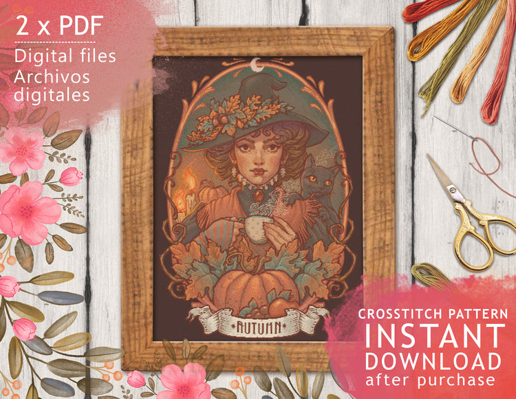 CROSS STITCH CHART - DIGITAL PRINTABLE PATTERN - AUTUMN WITCH NOUVEAU - by MEDUSA DOLLMAKER