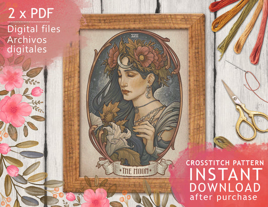 CROSS STITCH CHART - DIGITAL PRINTABLE PATTERN - THE MOON - TAROT NOUVEAU - by MEDUSA DOLLMAKER