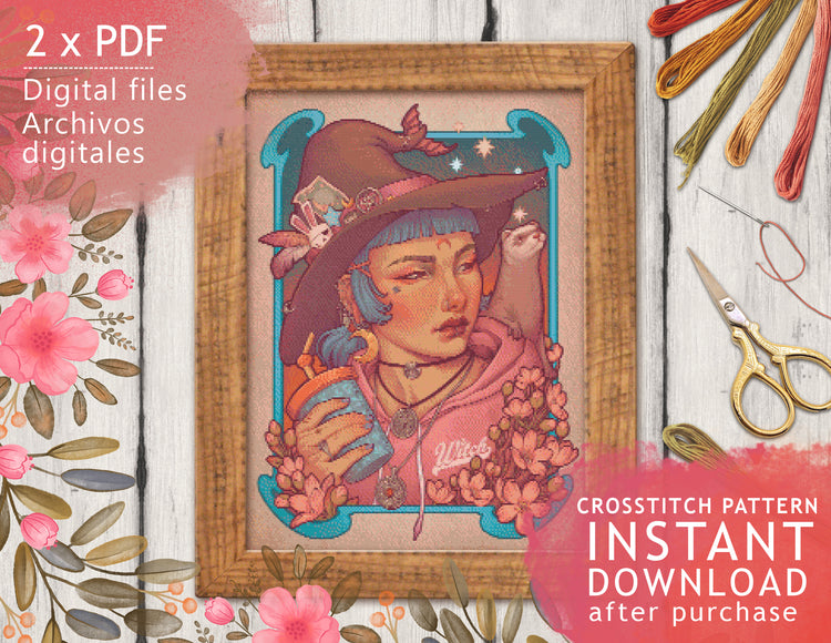 TABLA DE PUNTO DE CRUZ - PATRÓN IMPRIMIBLE DIGITAL - KAWAII WITCH NOUVEAU - por MEDUSA DOLLMAKER