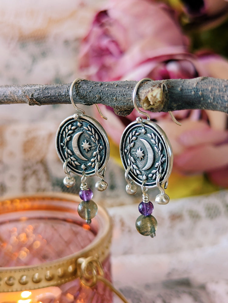 MOON COIN BOHEMIAN EARRINGS with beads - AMETHYST and LABRADORITE - 925 STERLING SILVER UNIQUE HANDMADE