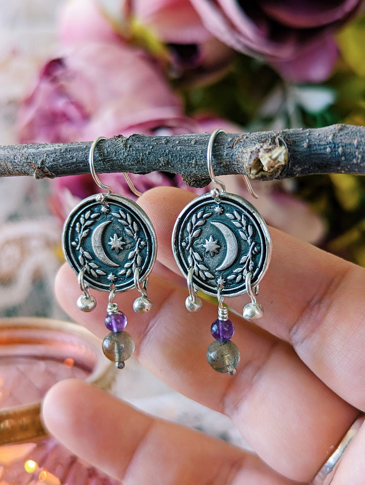 MOON COIN BOHEMIAN EARRINGS with beads - AMETHYST and LABRADORITE - 925 STERLING SILVER UNIQUE HANDMADE