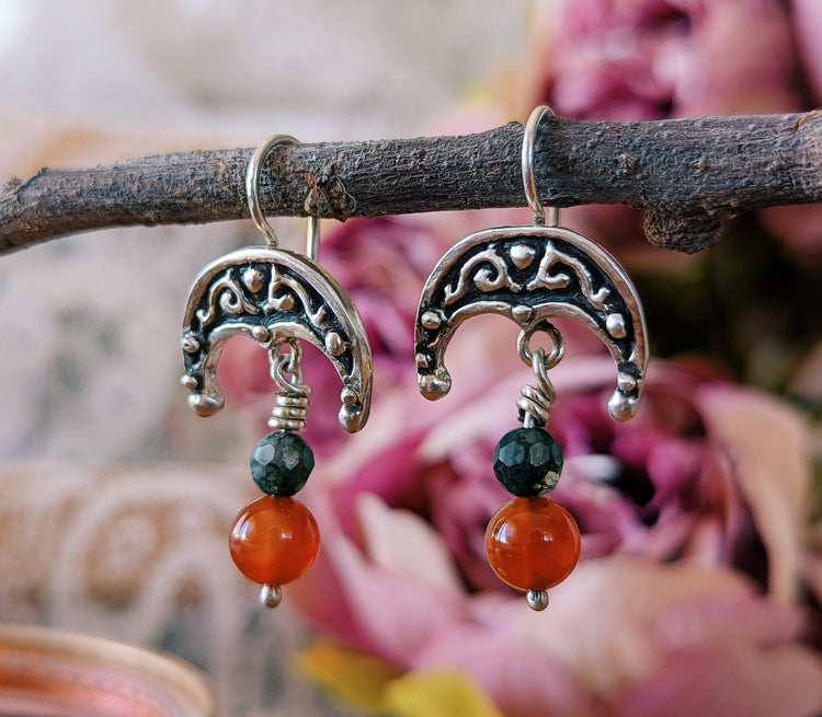LUNULA EARRINGS with MOSS AGATHE and CARNELIAN beads - 925 STERLING SILVER UNIQUE HANDMADE
