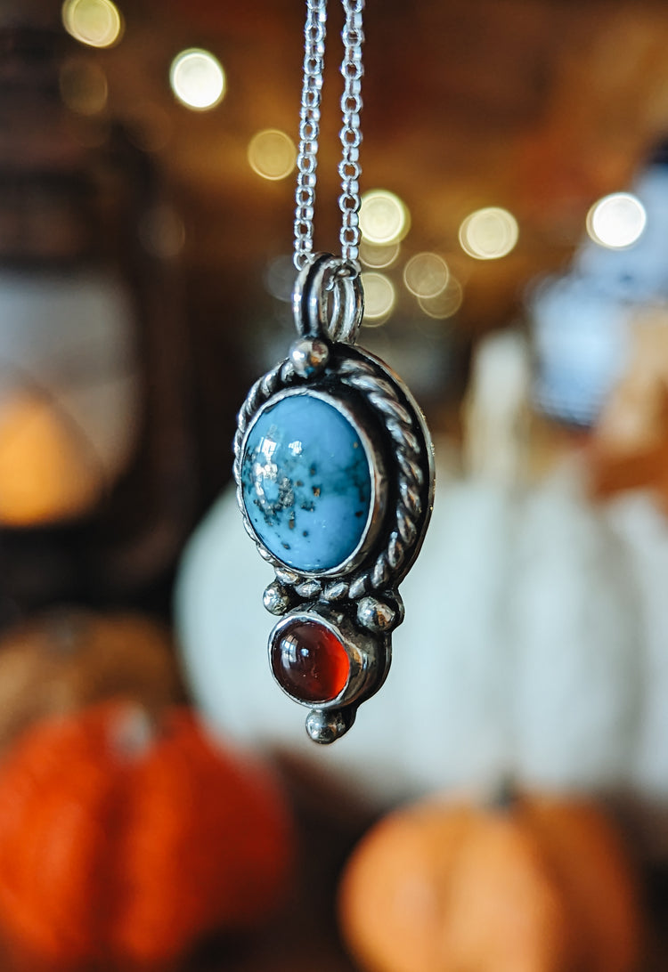 TURQUOISE and CARNELIAN PENDANT - 925 STERLING SILVER MOON UNIQUE HANDMADE TALISMAN NECKLACE