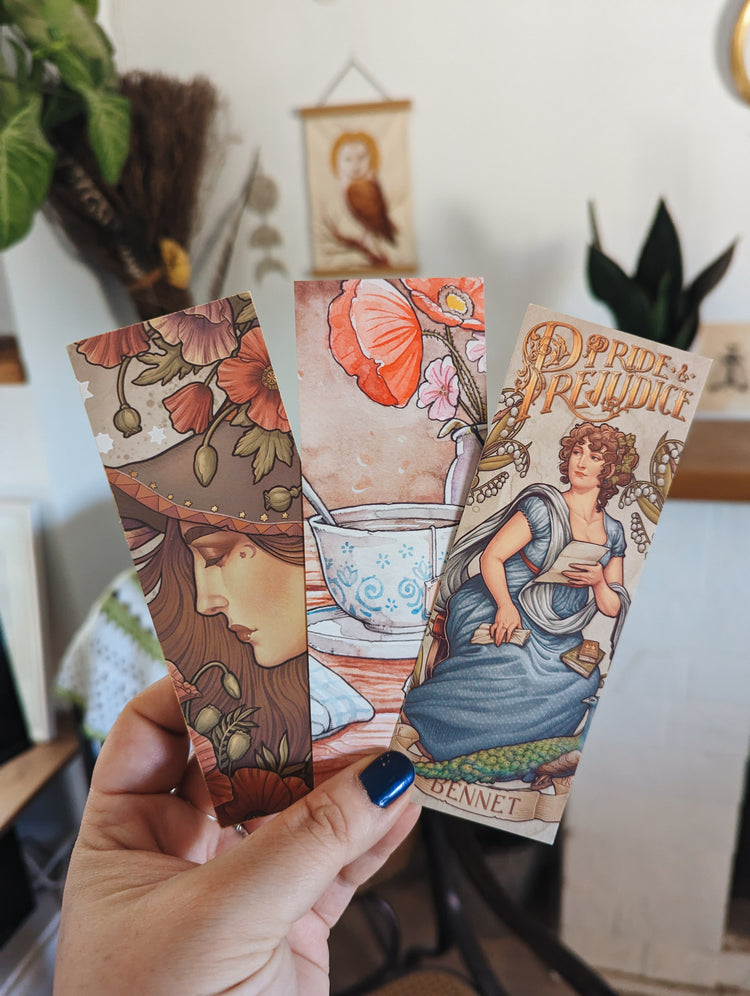 COZY 3 BOOKMARK SET - Witchy Comfort, Poppies and Pride and Prejudice - Printed ART BY MEDUSA DOLLMAKER