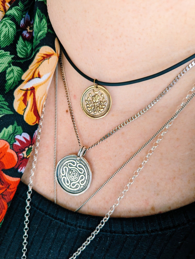 HECATE WHEEL COIN PENDANT 925 STERLING SILVER TALISMAN NECKLACE WAX STAMP SEAL - LABYRINTH STROPHALOS