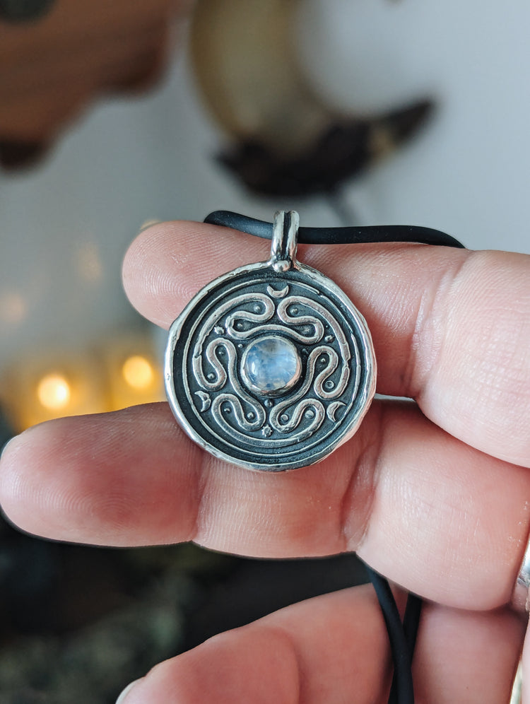 HECATE WHEEL COIN PENDANT WITH MOONSTONE GEMSTONE - 925 STERLING SILVER TALISMAN NECKLACE WAX STAMP SEAL - LABYRINTH STROPHALOS