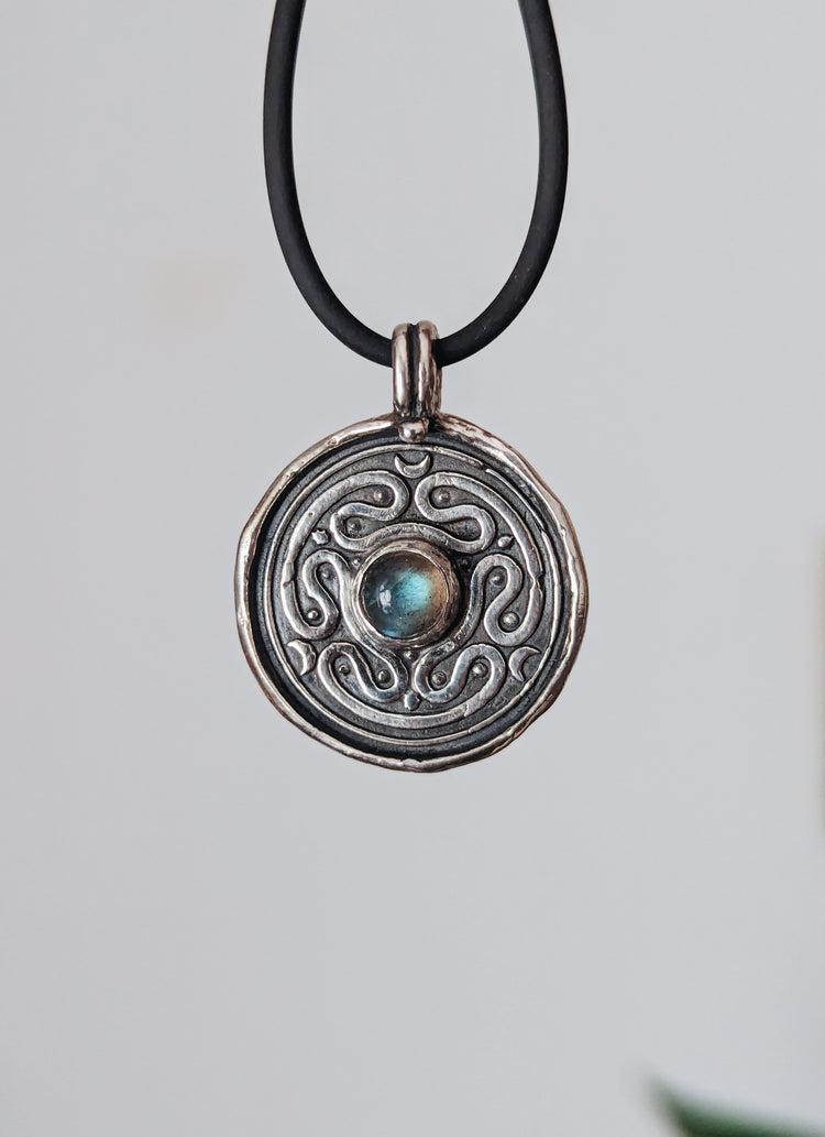 HECATE WHEEL COIN PENDANT WITH LABRADORITE GEMSTONE - 925 STERLING SILVER TALISMAN NECKLACE WAX STAMP SEAL - LABYRINTH STROPHALOS