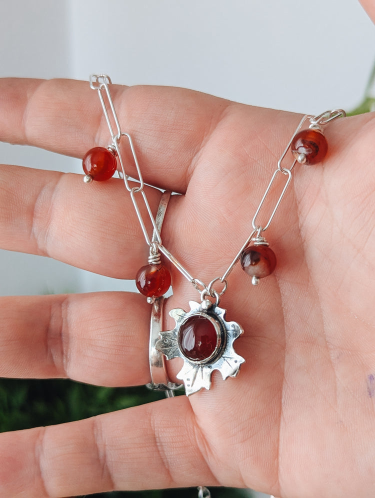 MAPPLE LEAF NECKLACE with CARNELIAN GEMSTONES - AUTUMN 925 STERLING SILVER JEWELRY