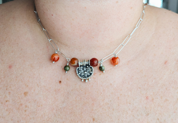 HEXAFOIL IBERIAN NECKLACE with CARNELIAN GEMSTONES - AUTUMN 925 STERLING SILVER JEWELRY