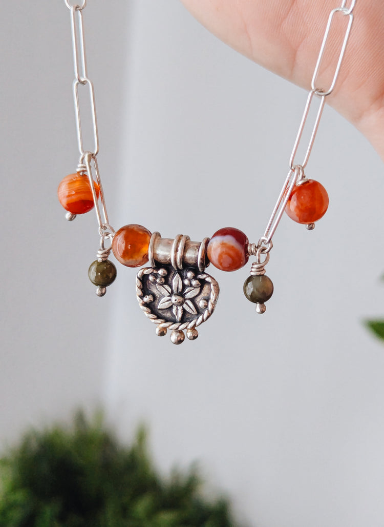 HEXAFOIL IBERIAN NECKLACE with CARNELIAN GEMSTONES - AUTUMN 925 STERLING SILVER JEWELRY