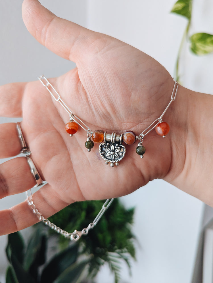 HEXAFOIL IBERIAN NECKLACE with CARNELIAN GEMSTONES - AUTUMN 925 STERLING SILVER JEWELRY