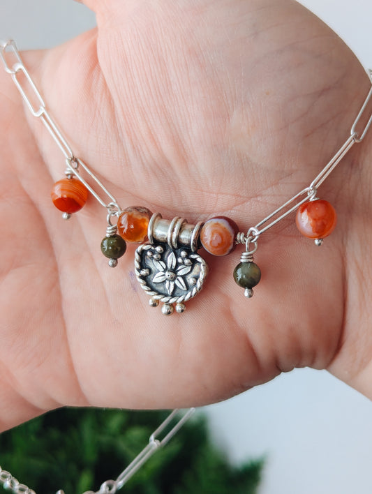 HEXAFOIL IBERIAN NECKLACE with CARNELIAN GEMSTONES - AUTUMN 925 STERLING SILVER JEWELRY