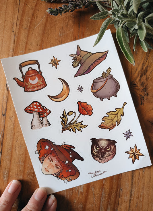 STICKERS SHEET- 13 VINYL STICKERS - FOLK WITCH SET - ART BY MEDUSA DOLLMAKER