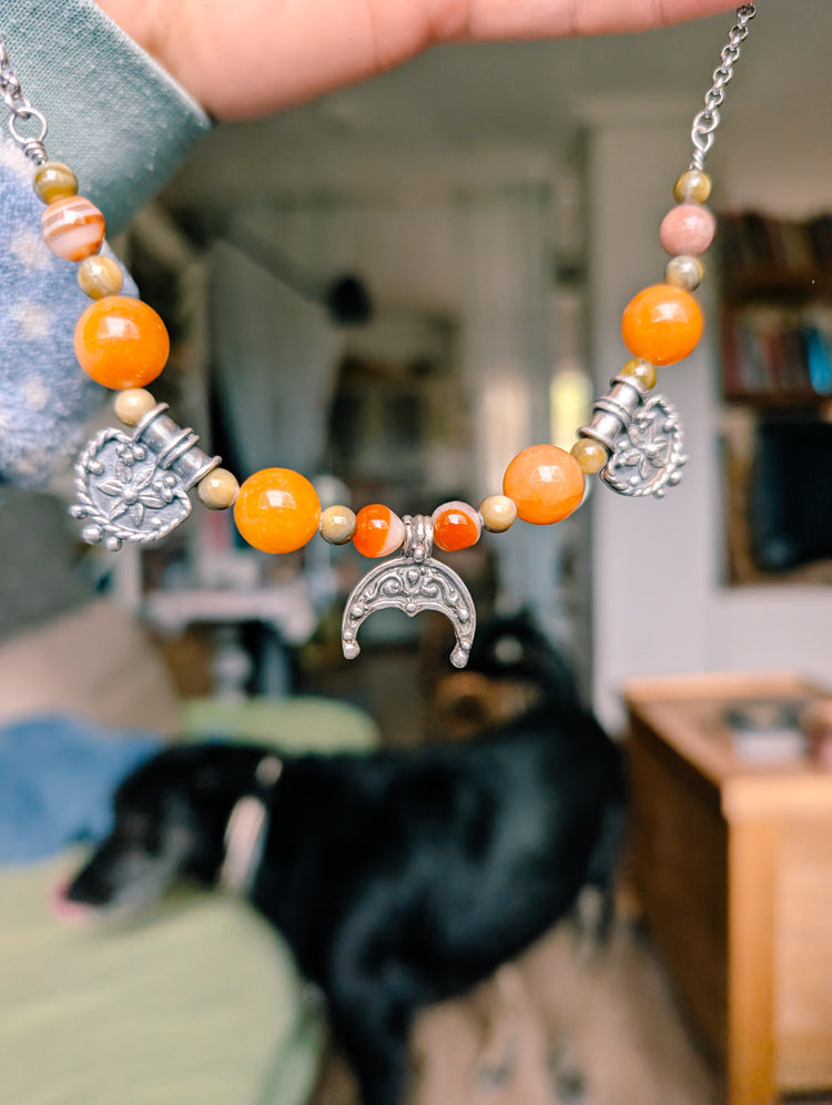 IBERIA NECKLACE - 925 STERLING SILVER RUSTIC CHARMS, STAINLESS STEEL CHAIN, CARNELIAN BEADS