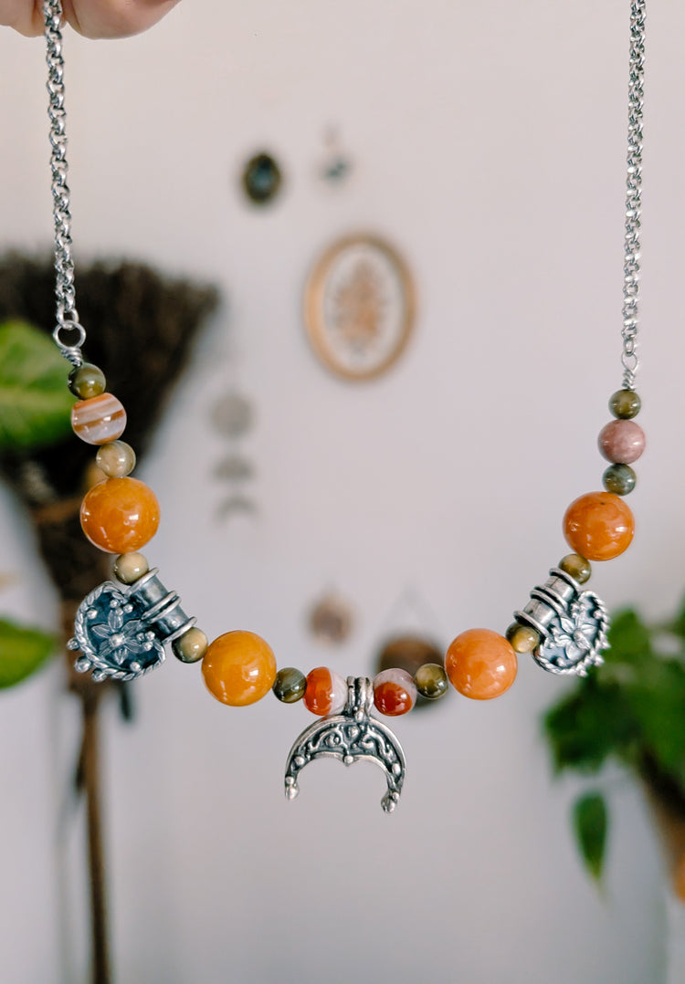 IBERIA NECKLACE - 925 STERLING SILVER RUSTIC CHARMS, STAINLESS STEEL CHAIN, CARNELIAN BEADS