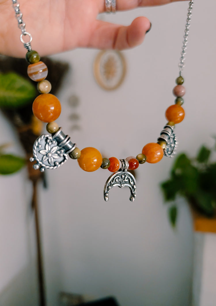 IBERIA NECKLACE - 925 STERLING SILVER RUSTIC CHARMS, STAINLESS STEEL CHAIN, CARNELIAN BEADS