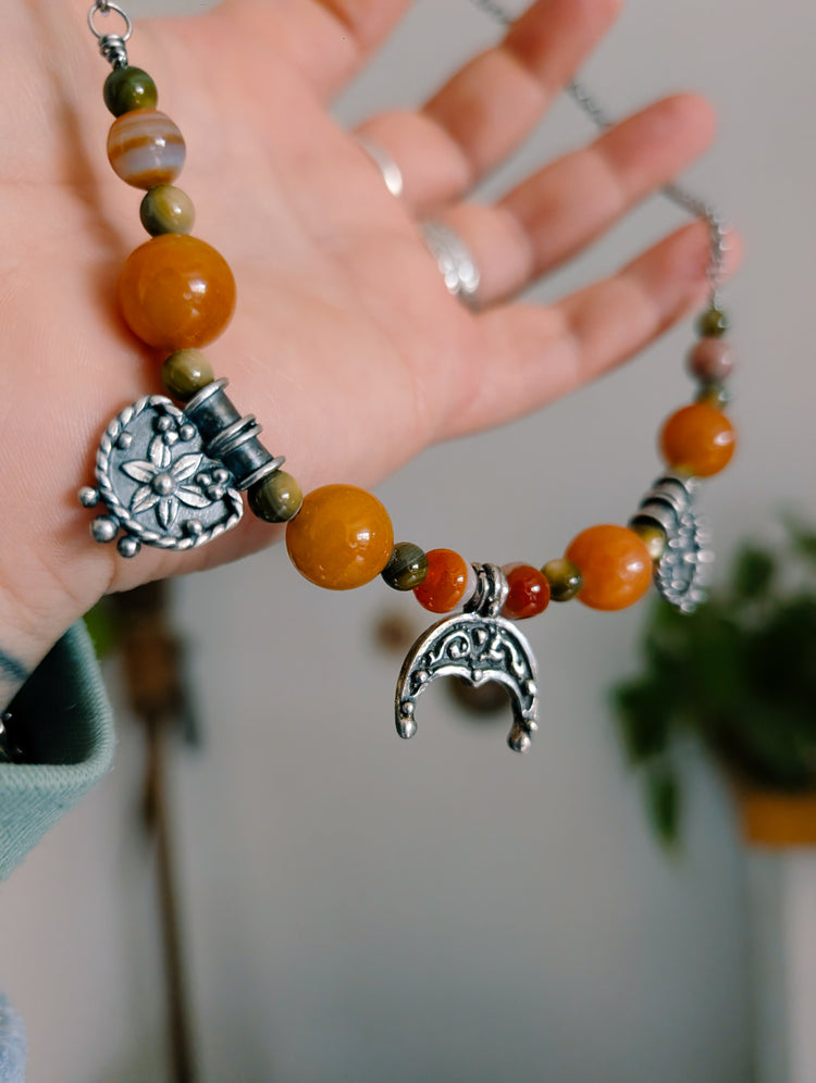 IBERIA NECKLACE - 925 STERLING SILVER RUSTIC CHARMS, STAINLESS STEEL CHAIN, CARNELIAN BEADS