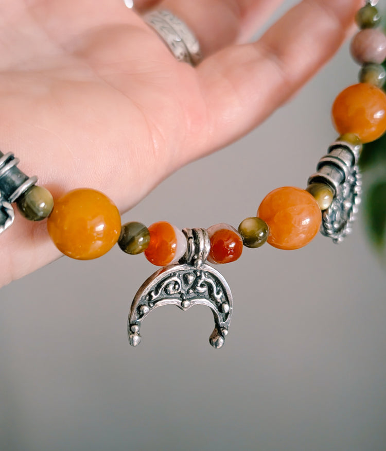 IBERIA NECKLACE - 925 STERLING SILVER RUSTIC CHARMS, STAINLESS STEEL CHAIN, CARNELIAN BEADS