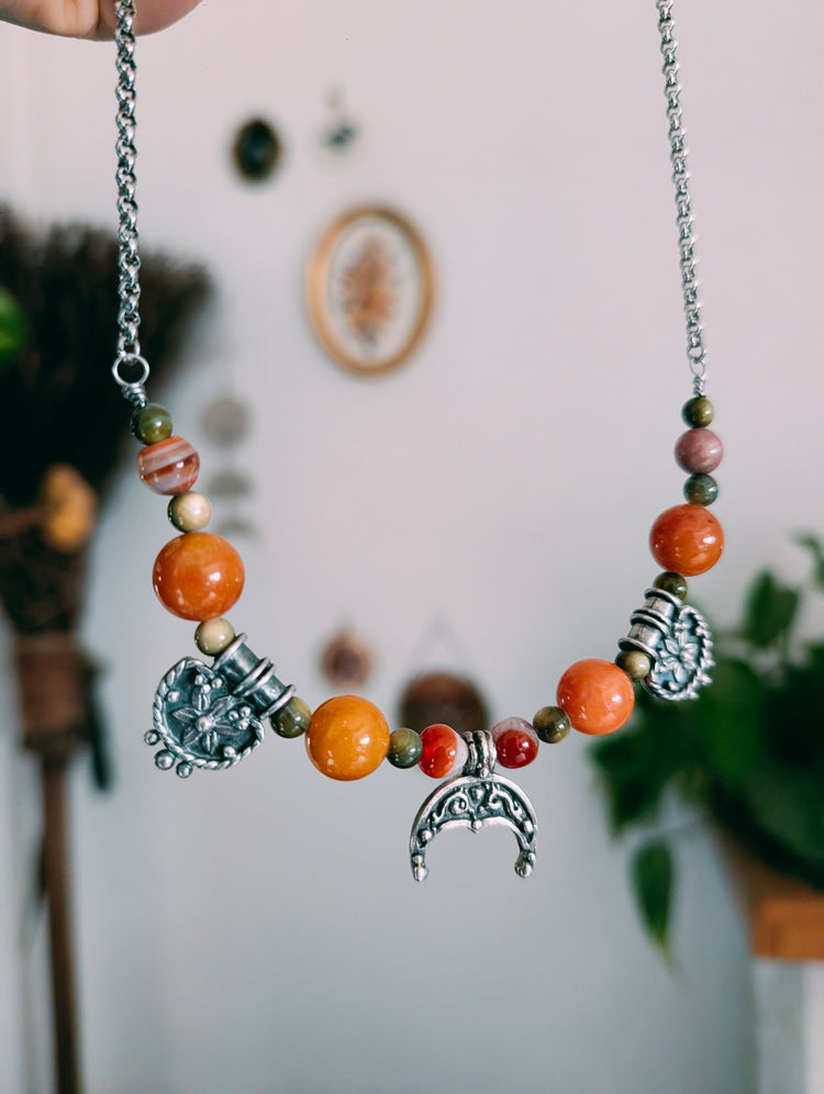 IBERIA NECKLACE - 925 STERLING SILVER RUSTIC CHARMS, STAINLESS STEEL CHAIN, CARNELIAN BEADS