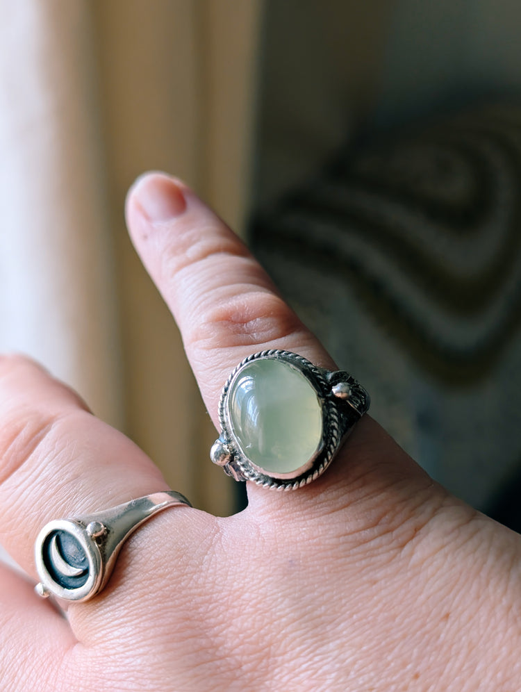 GREEN PREHNITE RING SIZE 7-1/2 - Handmade - 925 STERLING SILVER JEWELRY