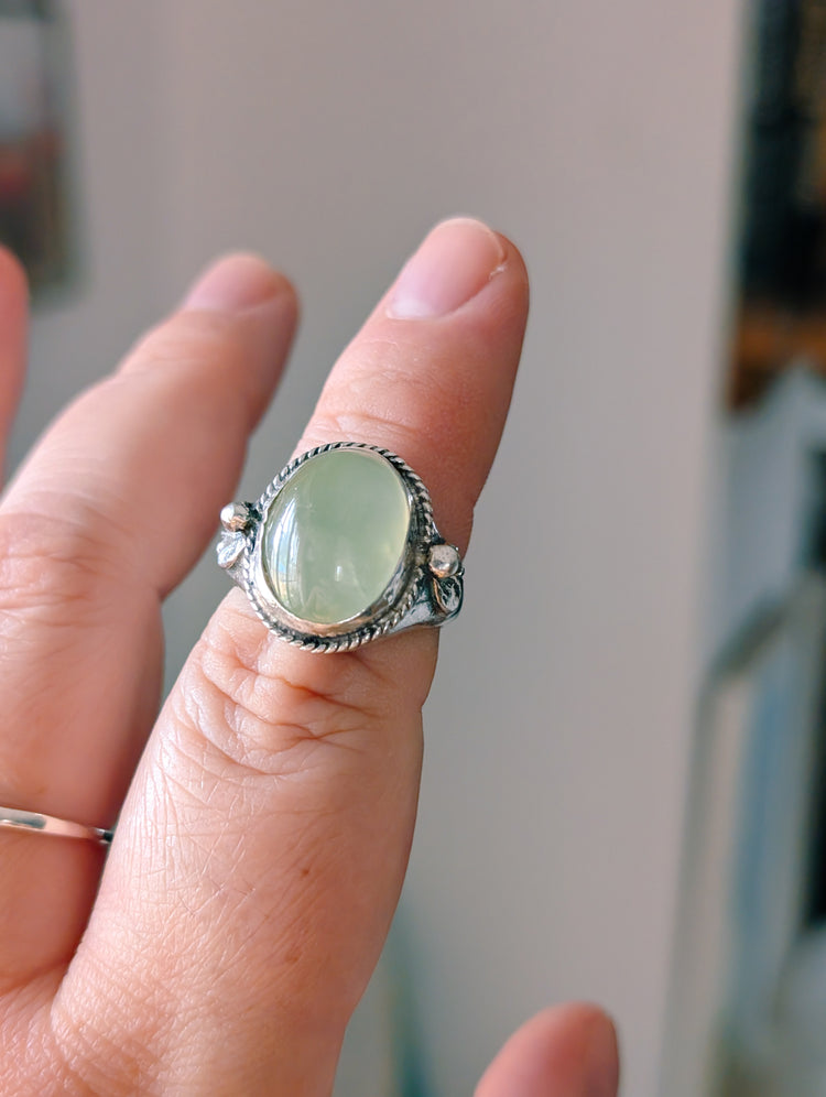 GREEN PREHNITE RING SIZE 7-1/2 - Handmade - 925 STERLING SILVER JEWELRY