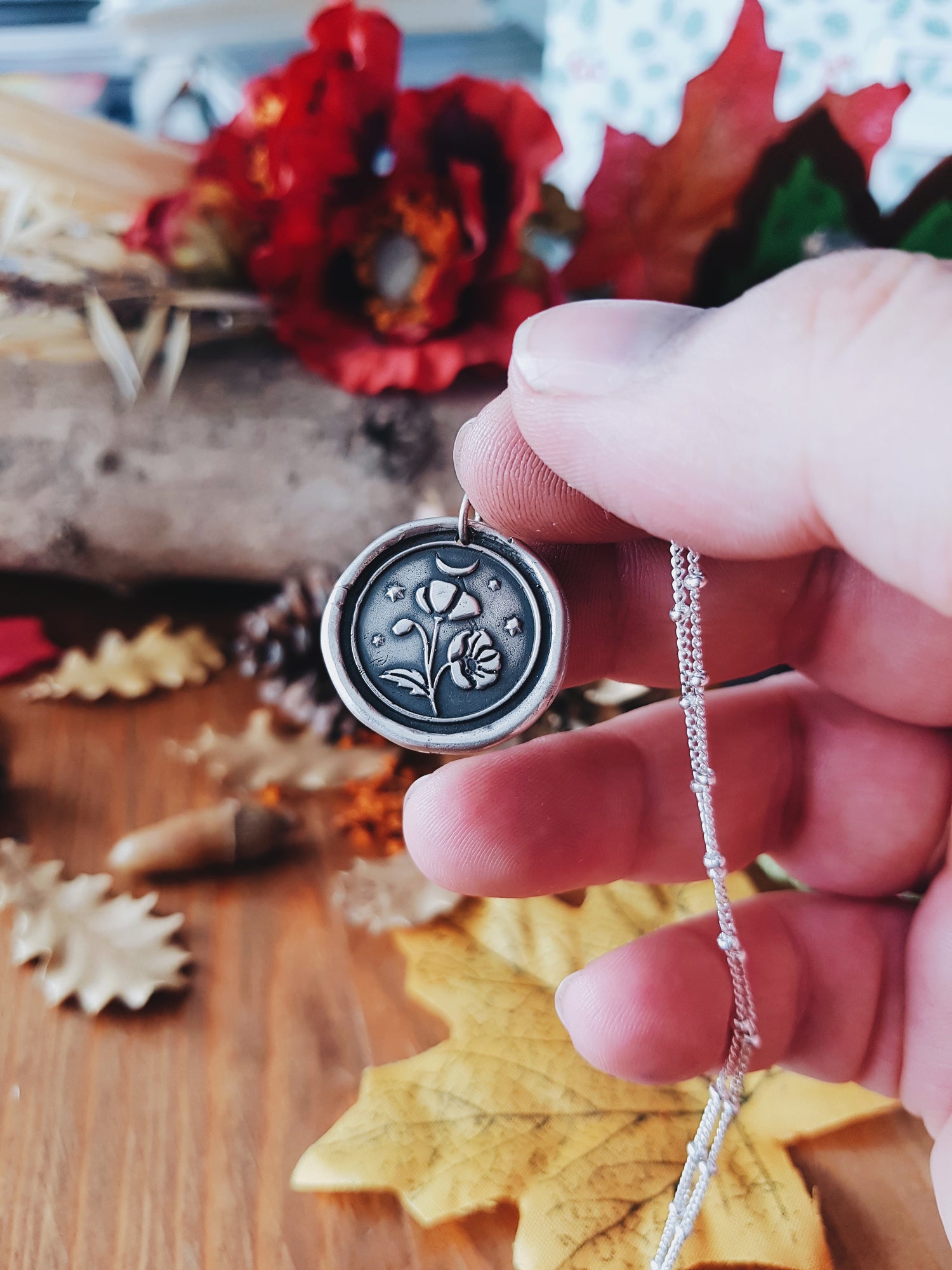 Floral Pendant Necklace POPPY PAPAVER TALISMAN STERLING SILVER AMULET HERBAL FLORAL NECKLACE PENDANT MOON STARS WITCH