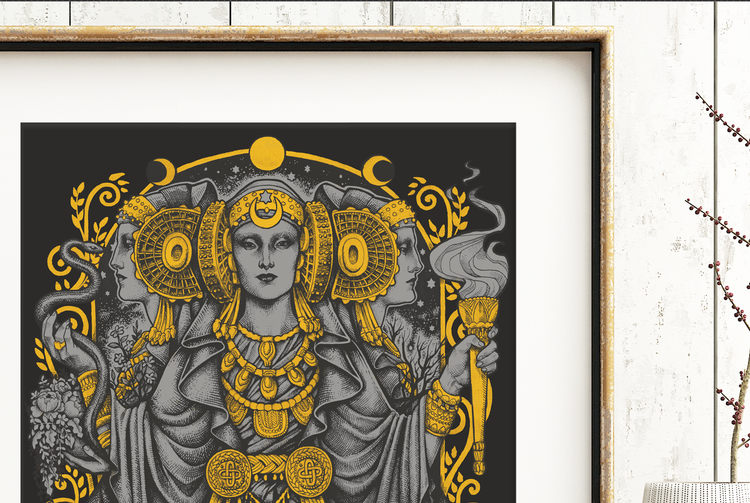HECATE WITCH BLACK A4 GODDESSES GOLDEN WITCHERY WITCHCRAFT IBERIAN NOUVEAU PRINT