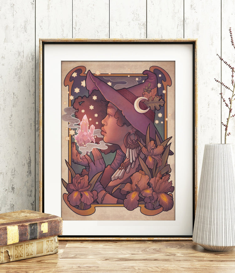 CRYSTAL WITCH Framed Art black witch moon hat purple magic flowers
