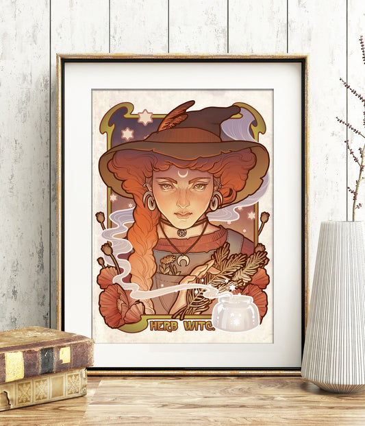 HERB WITCH Art Printed Framed PRIN NOUVEAU RED HAIR STARS SMOKE