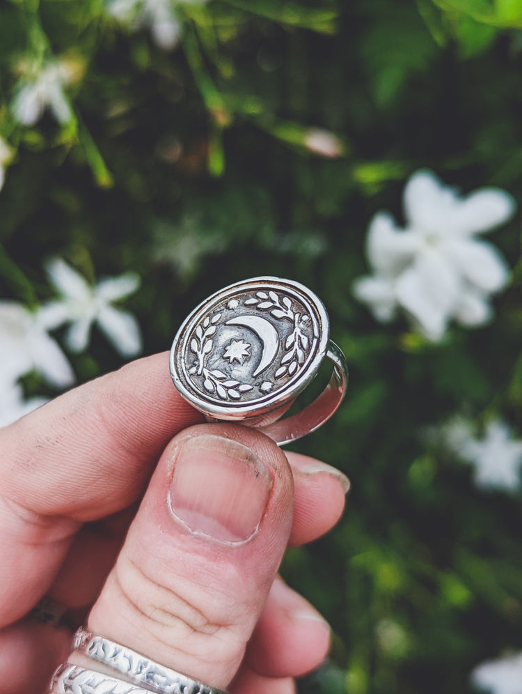 Coin Moon Wax Stamp Ring Witch Star Night Seal Talisman Wicca Pagan Ancient Sterling silver 925 Medusa Dollmaker