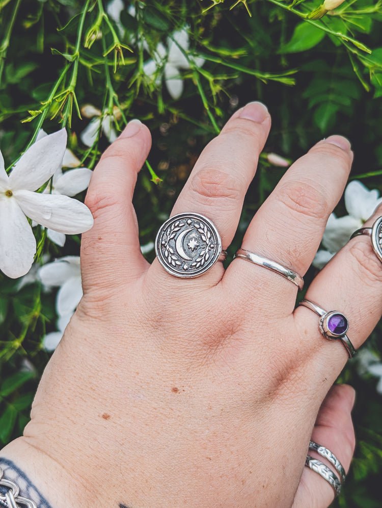 MOON COIN SEAL RING - 925 sterling silver Wax Stamp Witch