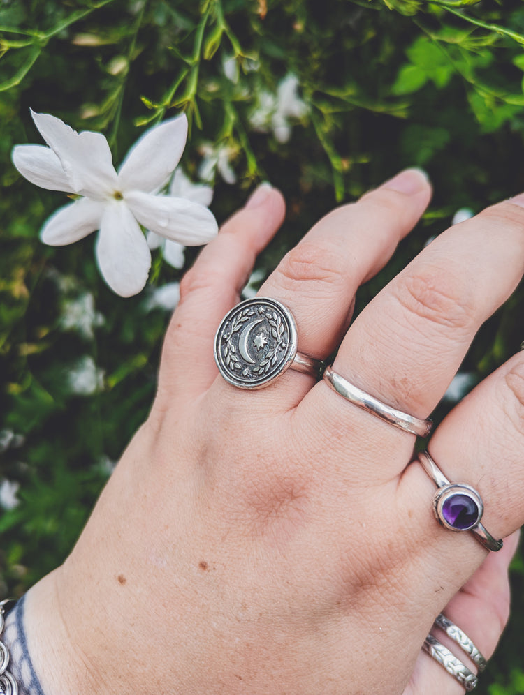 MOON COIN SEAL RING - 925 sterling silver Wax Stamp Witch