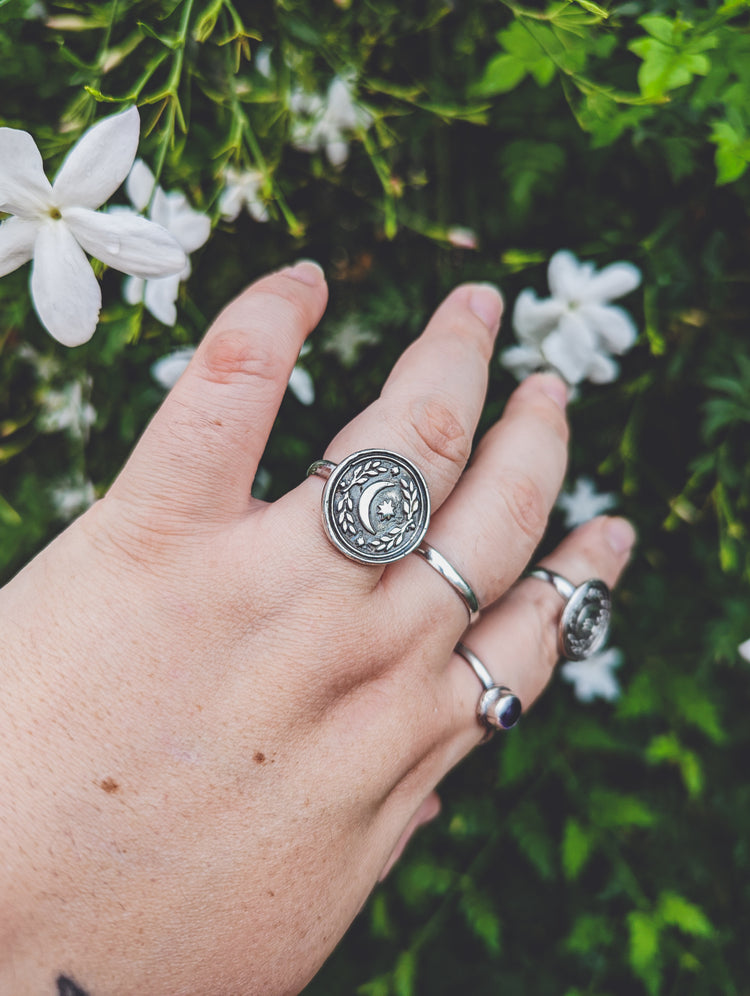 MOON COIN SEAL RING - 925 sterling silver Wax Stamp Witch