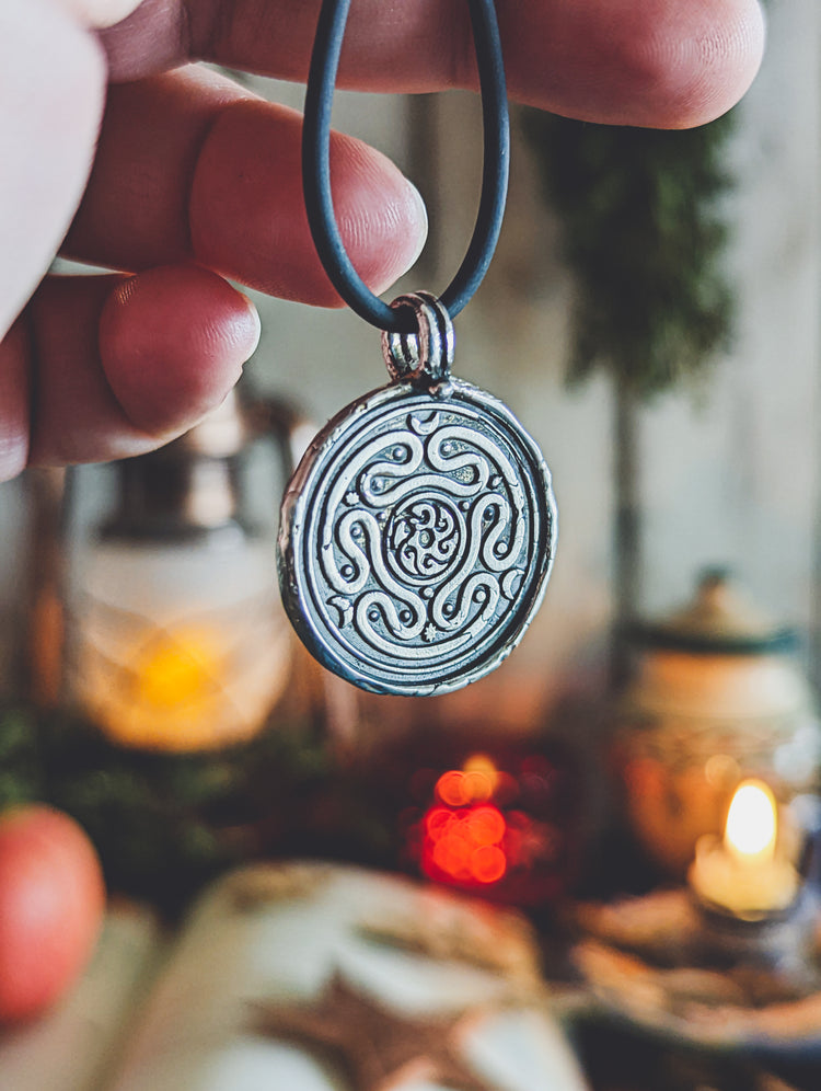 HECATE WHEEL COIN PENDANT RUSTIC SILVER TALISMAN NECKLACE WAX STAMP