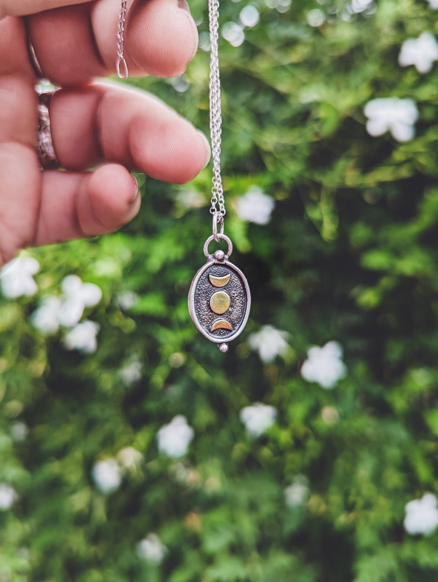 MOON PHASES SHADOWBOX AMULET NECKLACE BRASS MOON  STERLING SILVER 