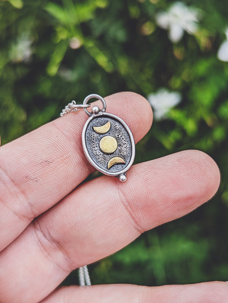 MOON PHASES SHADOWBOX AMULET NECKLACE BRASS MOON  STERLING SILVER 