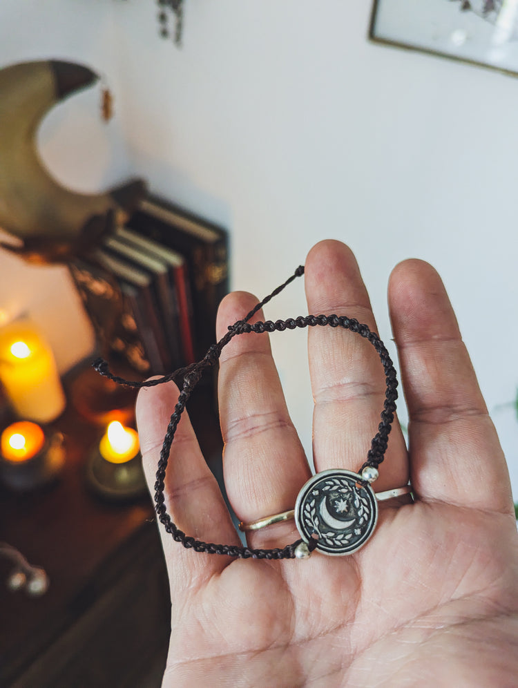 MOON BRACELET - MACRAME 925 STERLING SILVER TALISMAN - ADJUSTABLE WRIST BAND