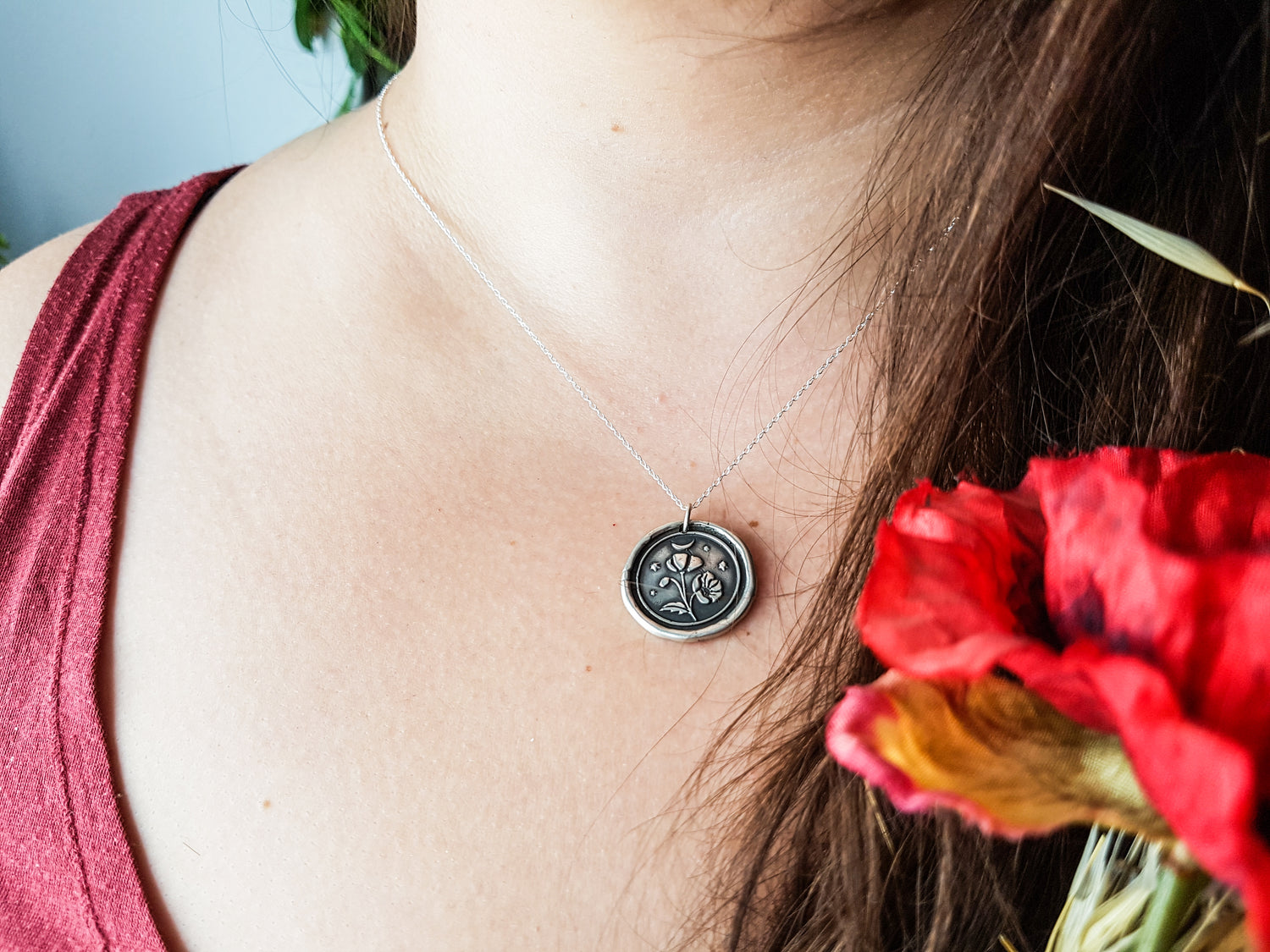 Floral Pendant Necklace POPPY PAPAVER TALISMAN STERLING SILVER AMULET HERBAL FLORAL NECKLACE PENDANT MOON STARS WITCH