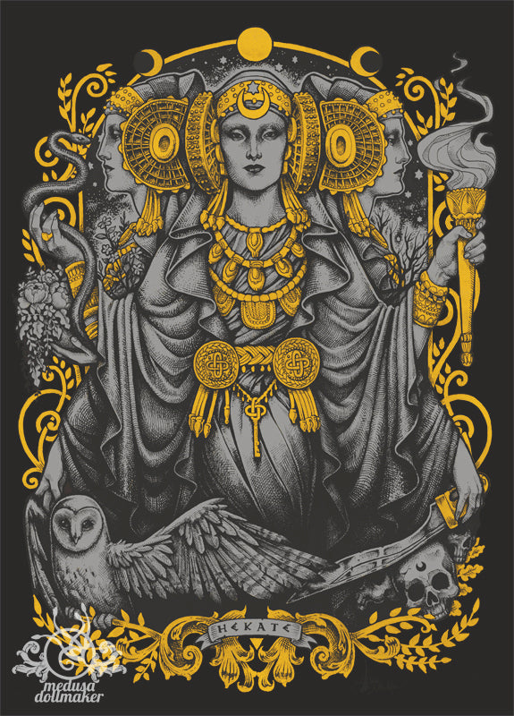 HECATE POSTCARD WITCHCRAFT OWL BLACK AND GOLD GODDESSES